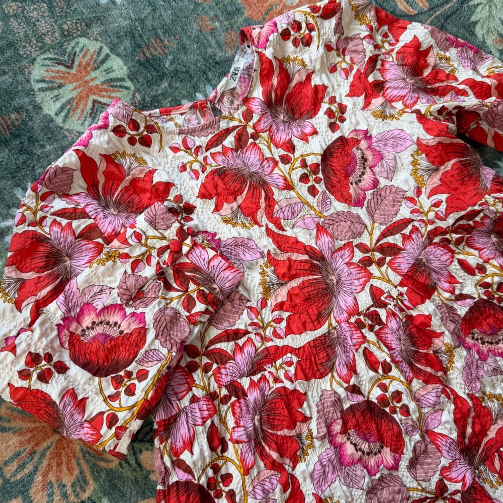 Zara Womens Floral Tiered Mini Dress Red Pink Long Sleeve Smock Size S